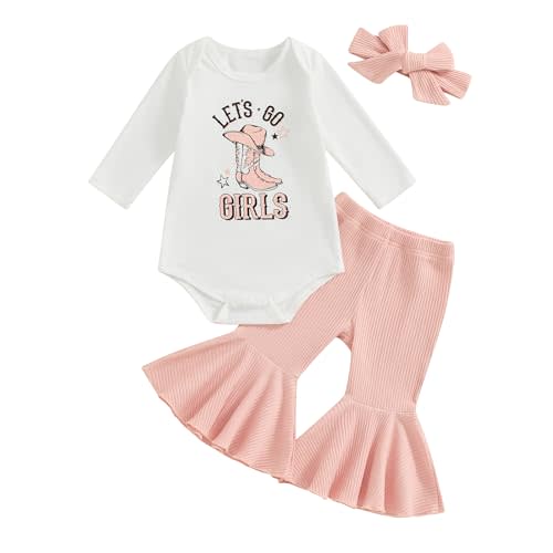 SAYOO Baby Girls Western Outfits Let's Go Girls Letter Print Retro Romper Ribbed Flared Pants Cowgirls Country Fall Clothes