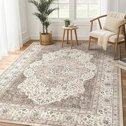 Washable Rug 5x7 Area Rugs for Living Room Bedroom Dining Room Home Office Floor Decor -Stain & Fade Resistant Non Slip Backing Carpet,Ultra-Thin Vintage Large Carpets (Brown/Beige,5'x7')