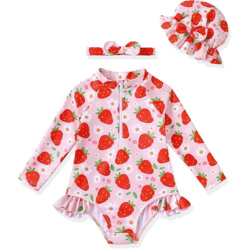 Baby Girl Swimsuit Summer One-Piece Infant Bathing Suit with Hat Long Sleeve Ruffle Zipper Rash Guard Beach Swimwear
