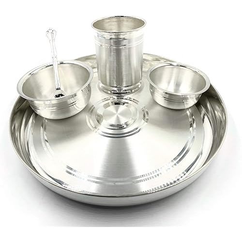 999 Pure Silver 8.0 Inch Hallmarked Lightweight Indian Thali Anna Prasanam Small Dinner Set - Set#04