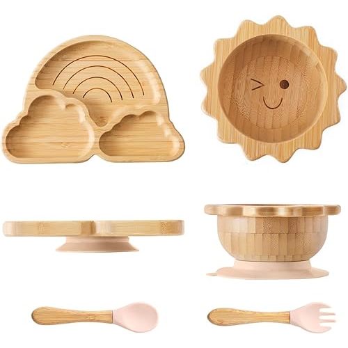 Bamboo Suction Plates Bowls Set for Baby Toddler Divided Platter Food bowl with Silicone Fork & Spoon All-Natural Baby Feeding Set for Baby-Led Weaning, Non-Slip Design