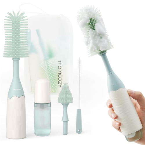 Momcozy Bottle Brush Kit, Innovative Push-Press Design for Better Cleaning - Baby Bottle Cleaner Brush for Baby Bottle, Breast Pumps, Nipples, and More - Can Generate Foam for Better Cleaning, Green
