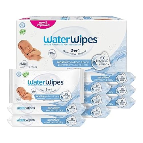 WaterWipes Sensitive+ Newborn & Baby Wipes, 3-In-1 Cleans, Cares, Protects, 99.9% Water, Unscented & Hypoallergenic, 540 Count (9 Packs)