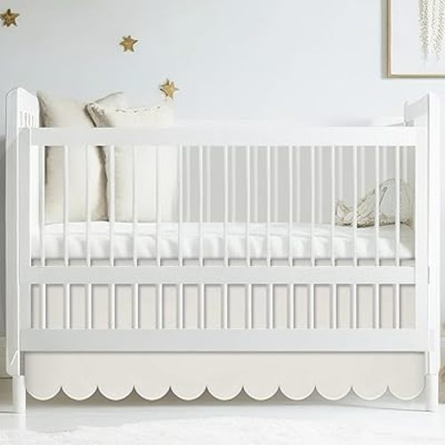 Scalloped Crib Skirt 28"x 52" with Drop Pleated Dust Ruffle with Split Corners for Baby Boys Girls Soft 4-Sided Crib Bed Skirt Nursery Standard Toddler Bedding(14" Drop,Beige)