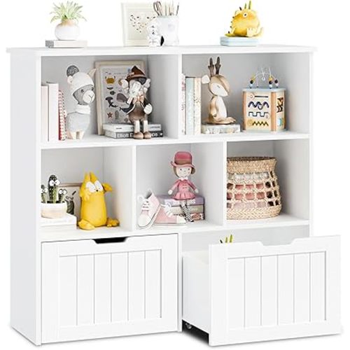 Toy Storage Organizer, Kids Bookshelf and Toy Storage with 2 Movable Drawers, Toy Chest Shelf Organizer with Hidden Wheels and 5 Storage Cubbies, Multifunctional Toy Organizer for Playroom, White