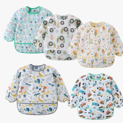 5 Pack Long Sleeve Bib,Baby Toddler Waterproof Sleeved Bib for 6-30 Months Reusable with Catch-all Pocket
