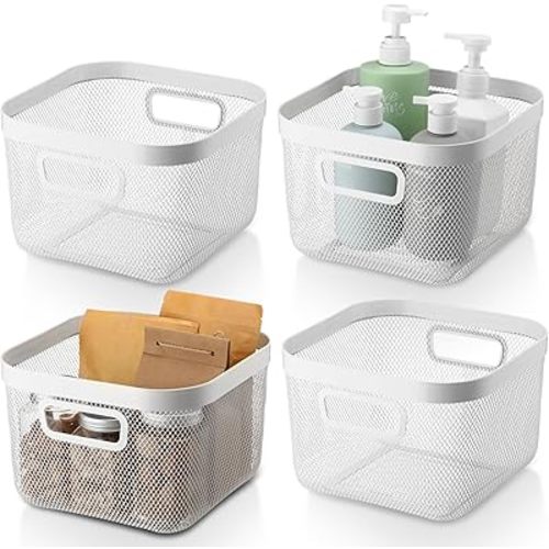4 Pack Metal Mesh Basket with Hollow Handles White Wire Storage Bin for Organizing Stackable Metal Fine Mesh Basket for Pantry Bathroom Kitchen Cabinets Shelves (Medium)