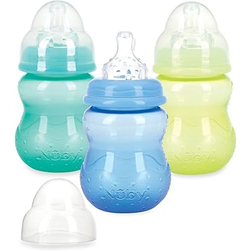 Nuby Wide Neck Non-Drip Bottle - Baby Bottles with Anti-Colic Vari-Flo Valve - (3-Pack) 8 oz - 0+ Months - Yellow, Blue, Green