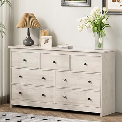 55'' Natural Dresser for Bedroom, 7 Deep Drawer Large Wood Dresser with Black Handles, Modern Wide Storage Dressers & Chests of Drawers for Hallway,Entryway