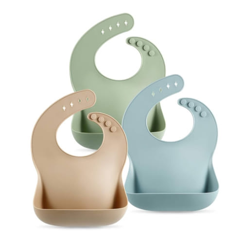 PandaEar Set of 3 Silicone Baby Bibs Waterproof, Soft, Unisex, 10-72 Months (Brown/Blue/Green)