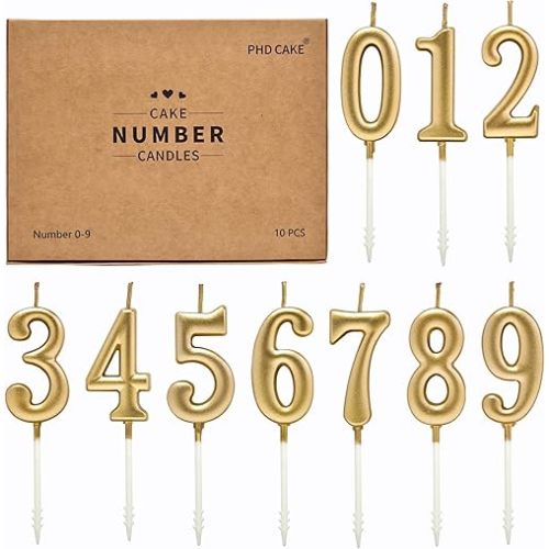 PHD CAKE 10-Pieces Champagne Gold Number Birthday Candles, Cake Numeral Candles Number 0-9 Glitter Cake Topper Decoration for Birthday,Wedding Anniversary,Party Celebration