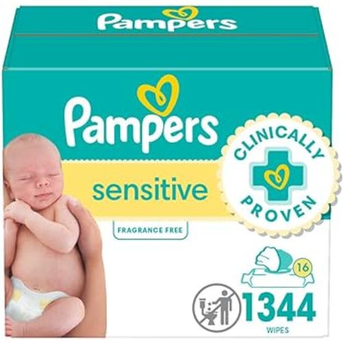 Pampers Sensitive Baby Wipes, Water Based, Hypoallergenic and Unscented, 16 Flip-Top Packs (1344 Wipes Total) (Packaging May Vary)