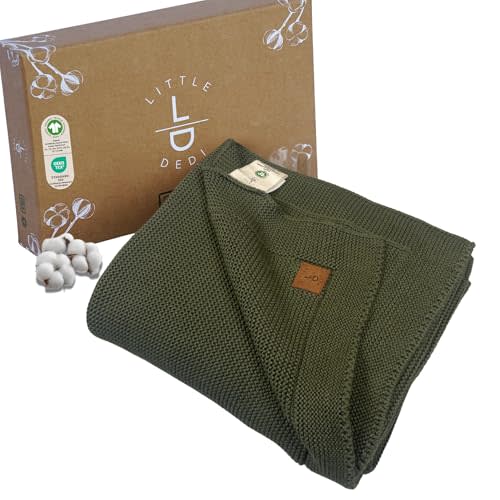 Little Dedi 100% Organic Cotton Baby Knitted Blanket with Gift Box - Soft Toddler, Crib, Stroller Blanket - Neutral Swaddle and Receiving Blanket for Newborns, 30"x40", Pepper Green
