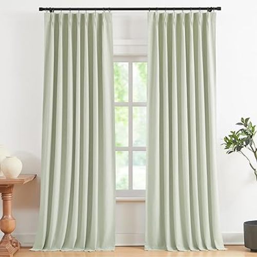 Vision Home Soft Green Pinch Pleated Full Blackout Curtains Linen Blended Room Darkening Curtain Panels 84 inch for Living Room Bedroom Thermal Insulated Pinch Pleat Drapes with Hooks 40" Wx84 Lx2
