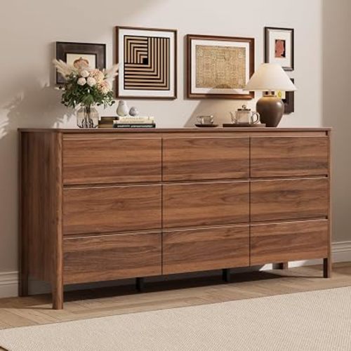 MAISONARIA Walnut 9 Drawer Dresser for Bedroom, 63" Modern Dresser with Hidden Handles, Space-Saving Wooden Drawer Organizer, Living Room, or Hallway, Vertical Storage Chest of Drawers