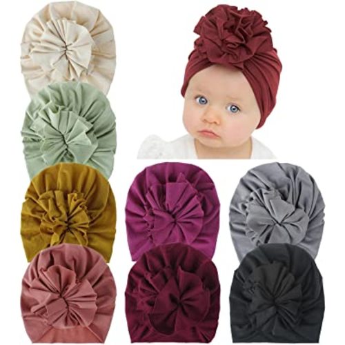 inSowni 8 Pack Solid Cotton Nursery Hospital Turban Hats Caps Beanies Bonnets with Flower for Baby Girls Toddlers Newborns Infants Kids