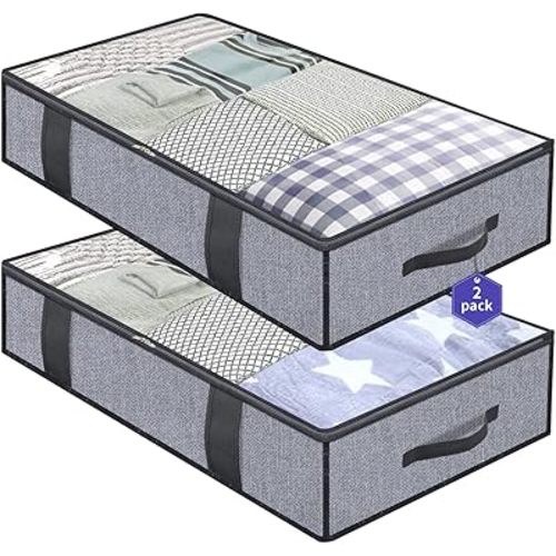 Onlyeasy Foldable Underbed Bags 2 Pack - Blankets Clothes Comforters Storage Bag Breathable Zippered Organizer for Bedroom with Clear Window and 4 Handles, 39.4x19.7x5.9 in, Linen-like Grey, MXDUBBP2