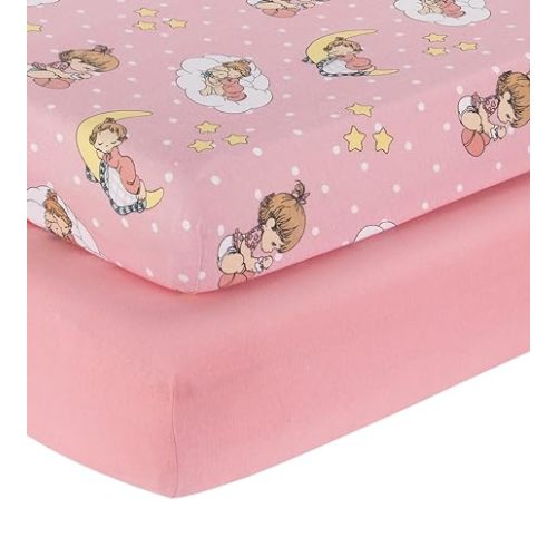 2 Pack Fitted Crib Sheets for Girls in 100% Jersey Knit Cotton – Pink and Yellow Precious Moments Design Plus Solid Pink Girl’s Crib Mattress Sheets by Everyday Kids