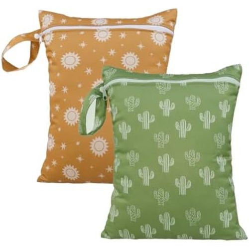 HappyFlute 2pcs Waterproof Bag Set - Cactus & Animal Pattern Wet/Dry Bag for Towels, Diapers, Swim, Beach, Gym - 10.2x14.4 inches