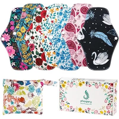 Reusable Menstrual Pads, Bamboo Cloth Pads for Heavy Flow with Wet Bag, Large Sanitary Pads Set with Wings for Women, Washable Overnight Cloth Panty Liners Period Pads (7 in 1, 25.4cm 4 Layers)