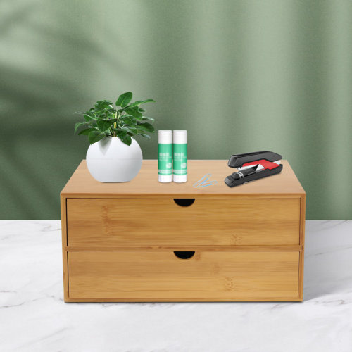 Millwood Pines Bamboo Desk Organizer Tabletop Storage Box with 2 Drawers & Reviews | Wayfair