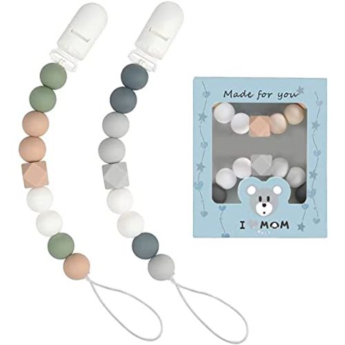 Pacifier Clips for Baby Boys Girls Silicone Beads Pack of 2 Soft Flexible Binky Clips (Grey+Green)