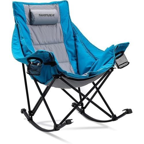 Swonder Oversized Rocking Camping Chair with Innovative 2-in-1 Removable Seat Cushion for All Seasons, Fully Padded Folding Outdoor Chair with Headrest and Carry Bag