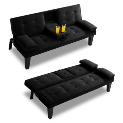 Gewnee Futon Sofa Bed Modern Sofa Couch Convertible Sofa Sleeper for Living Room with 2 Cup Holders, Removable Armrests (Black)
