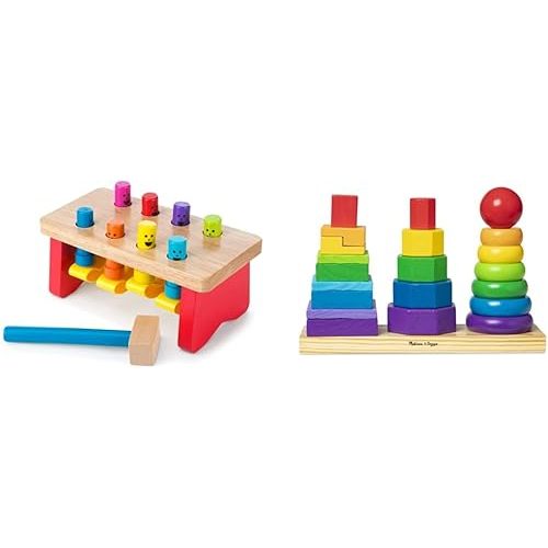 Melissa & Doug Geometric Stacker - Wooden Educational Toy & Deluxe Pounding Bench Wooden Toy with Mallet