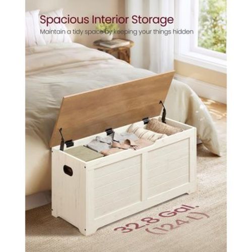 Farmhouse Storage Bench with Safety Hinges, 39.4 Inch Storage Chest for Entryway Living Room, Rustic White and Brown