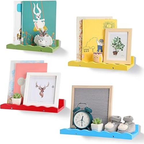 Suzile Set of 4 Floating Nursery Book Shelves for Wall Wood Floating Bookshelves Picture Small Ledge Shelf for Wall Boys Girls Teen Room Bathroom Bedroom Decor Storage(Colorful Color)