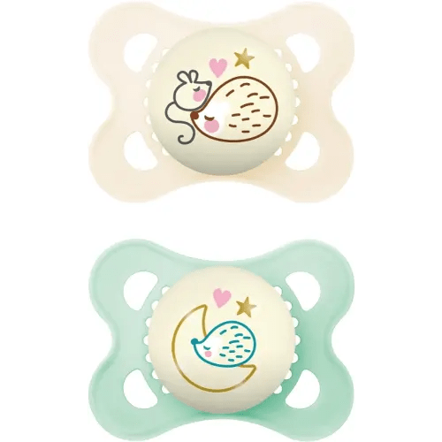 MAM Night Pacifiers (2 Pacifiers & Sterilizing Box), MAM Pacifiers 0-6 Months, Best Pacifier for Breastfed Babies, Unisex, Glow in the Dark Pacifier