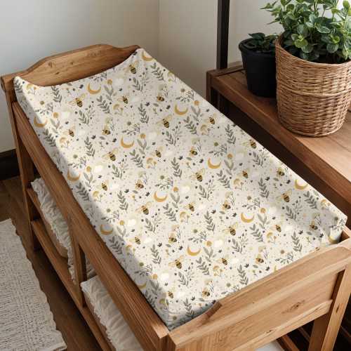 Diaper Changing Pad Cover, Delicate Moon and Bees, Changing Station, Woodland Baby, Whimsy Decor, Nursey Accessories, Baby Shower Gift