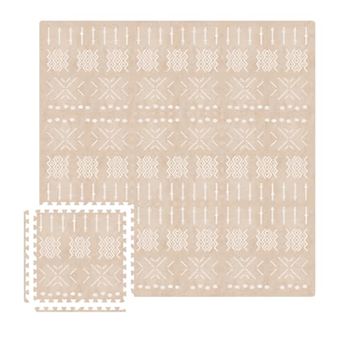 MOON WALKERS Stylish Boho Baby Play Mats for Floor, (6x6ft) Play Mat for Babies and Toddlers, Non-Toxic, Soft, Thick, Tummy Time Mat for Crawling (Extra Large 9 Tiles, Beige Aztec)