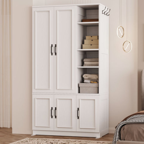 Lark Manor™ 5-Door Wooden Wardrobe With Hanging Poles & 4 Open Storage Shelves, 70” Armoire For Hanging Clothes & Reviews | Wayfair