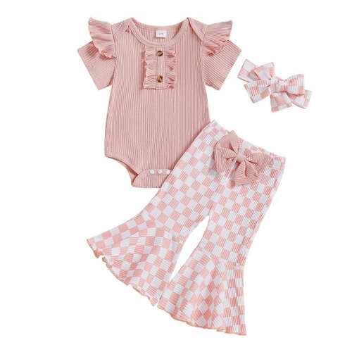 Baby Girls 3Pcs Summer Spring Clothes Solid Ribbed Short Sleeve Romper – August + Willow