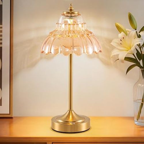 Cordless Touch Control Table Lamp, 6000mAh Rechargeable Table Lamp, Battery Operated Portable Table Lamp, 3-Color Dimmable Table Lamp for Office, Nightstand & Emergency Use -Flower Amber
