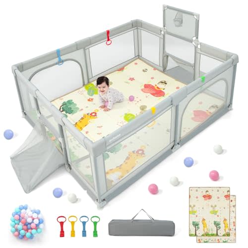 INFANS Baby Playpen, 74” x 62” Extra Large Baby Play Yard with Crawling Mat, 50 Ocean Balls, 4 Pill Up Rings, Basketball Hoop and 2 Football Gates for Toddlers, Indoor Activity Center (Light Gray)