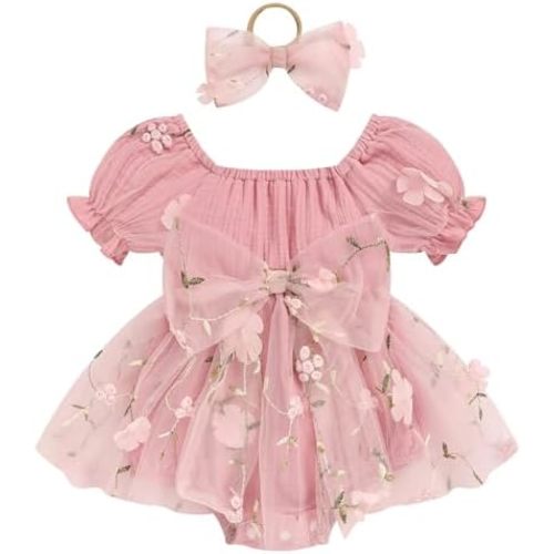 Baby Girl Romper Dress Infant Linen Tulle Bodysuit Puff Sleeve Summer Outfits With Headband Cake Smash Clothes