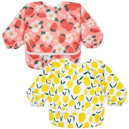 babygoal Waterproof Baby Bibs with Long Sleeves, Reusable Mess Proof Smock Bib for 6-24 Months