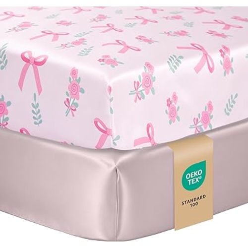 Baby Crib Sheets Girl, Toddler Bed Sheets Fitted for 52x28 Inch Standard Crib Mattress for Baby Girls, Set of 2 Super Soft Breathable Microfiber, Bow Flower, Dusty Pink