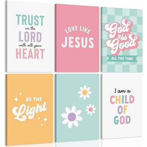 6Pcs Kids Bible Verse Canvas Wall Art Girls room Wall Decor pictures Christian Poster Print Artwork Nursery Bible Verse Paintings for Living room bedroom home decoration 8x10in Framed