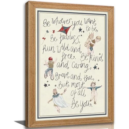 Framed Vintage Nursery Canvas Wall Art Be You Poem Watercolor Wall Decor Growth Enlightenment Nursery Painting Picture Cottagecore Sketched Kids Poem Art Print for kids Room Playroom Home Decor