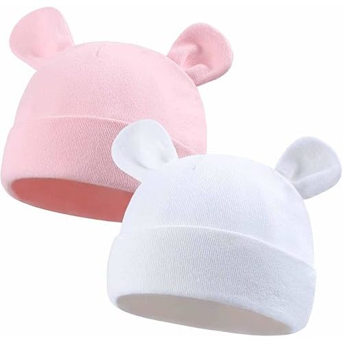 Duoyeree Baby Hat Newborn Hat Adorable Cotton Bear Ear Beanie Cap for Infant Girl Boy 0-6 Months White Pink