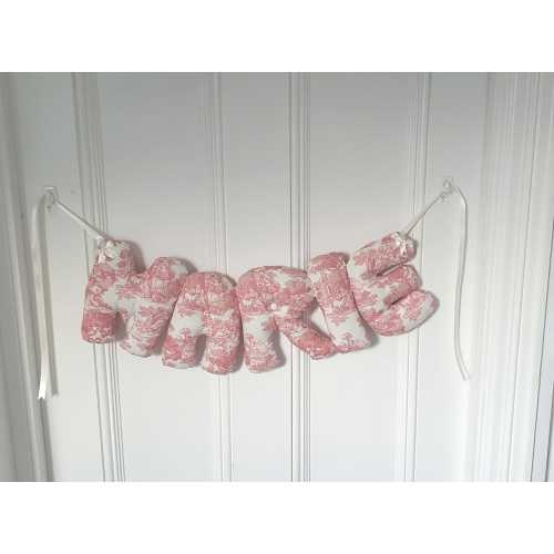 Personalised name banner, pink toile de jouy . Baby wall hanging. Baby shower gift. Baby name garland. Nursery wall hanging. French decor.