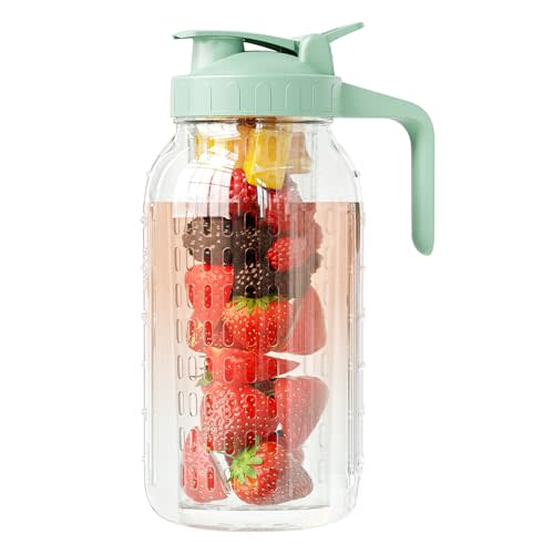 JunVpic Fruit Infuser Water Pitcher,Glass Mason Jar Pitcher,64oz(2 Quart) Wide Mouth Jug with Pour Spout Handle Lid for Fruit Drinks,Cold Brew Coffee,Ice Beverage,Iced Juice,Lemonade,Sun Tea Container
