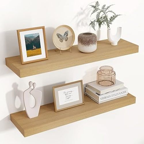 Floating Shelves for Wall, 24"W x 6.7"D x 1.4"H, 2 Pack of Long Wall Mounted Engineered Wood Shelves with Invisible Brackets for Living Room, Bedroom, Bathroom, Kitchen Decor and Storage, Oak