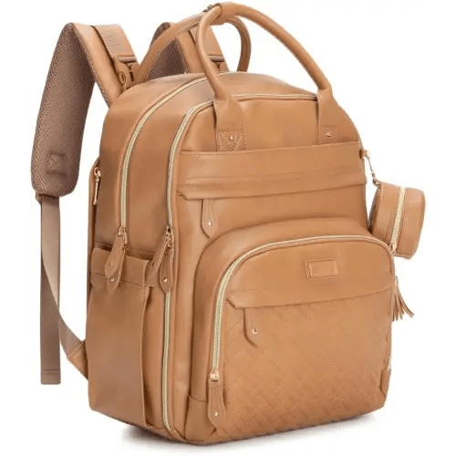 BabbleRoo Leather Diaper Bag Backpack - Baby Essentials Travel Baby Bag, Multi function, Waterproof, with Changing Pad, Stroller Straps & Pacifier Case – Unisex, Light Brown