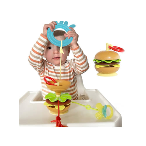 Hamburger Suction Cup Toys Holder for High Chair, Stroller Baby Toys 6-12 Months & Toddlers, 3 Tethers Keep from Falling, Great for Restaurant & Car Seat Airplane Travel