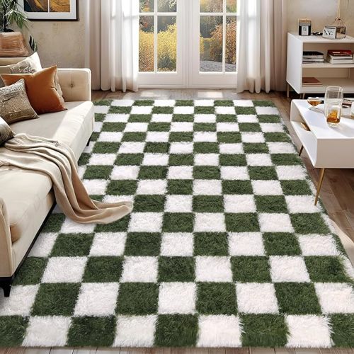 FALARK Rugs for Living Room Bedroom, 5x7 ft Dark Green and White Checkered Area Rug, Fluffy Soft Washable Carpet, Modern Non-Slip Shag Carpets for Boys Girls Nursery Home Aesthetic Decor Room